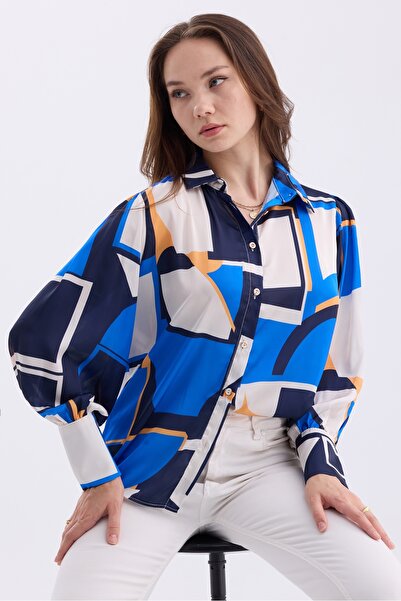 MD trend Geometric Patterned Oversize Satin Women's Shirt - Balloon Sleeve and Shoulder Shir Detail