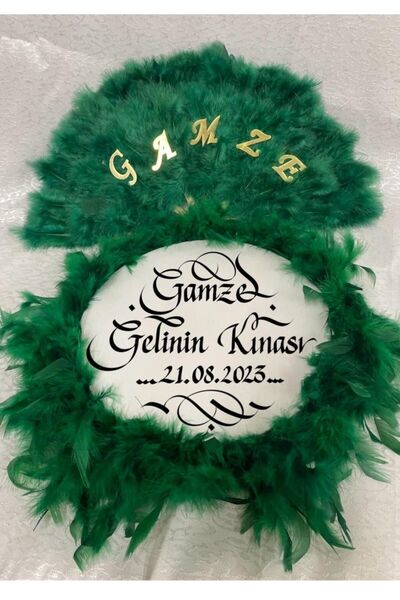 Evsay Isme Özel Kına Yelpazesi Ve Gelin Tefi Seti Otrişli Deri Tef Vurmalı Ça...