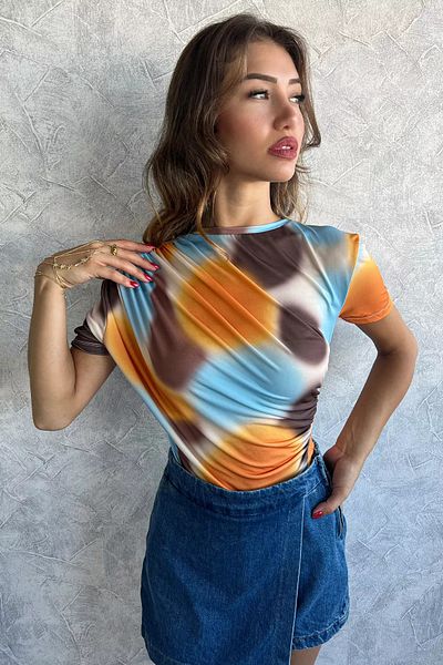 GÜLSELİ Γυναικεία μπλούζα με μοτίβο Lycra Mustard - Ντραπέ στον ώμο και τη μέση