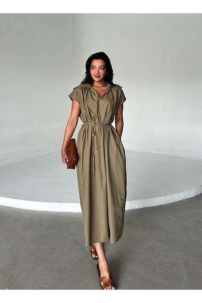 Laluvia Rochie kaki cu guler mare - Design în talie cu șnur