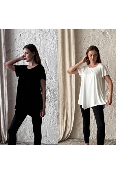 sares Women's Asymmetrical Cut T-Shirt 2-Pack (Black-White)