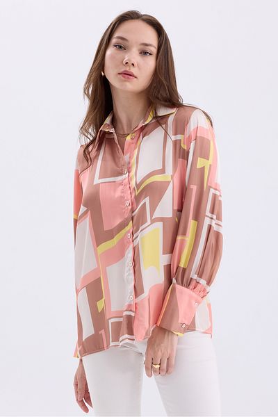 MD trend Cămașă de damă din satin supradimensionat cu model geometric - Detaliu cu mânecă cu balon și pe umeri