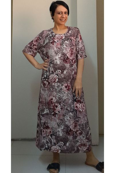 Mertcan Butik Front and back cutout drawstring plum burgundy patterned combed cotton Viscose Dress