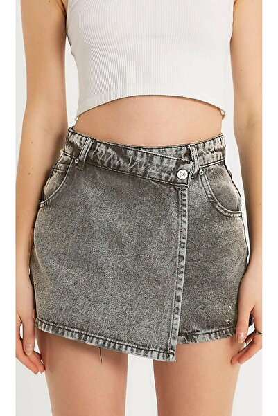 QİSSO Füme App Asimetrik Jean Kot Şort Etek Ön Kapama Detaylı