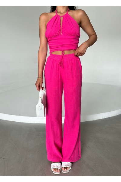 Laluvia Muslin Fuchsia Crop Pants Set