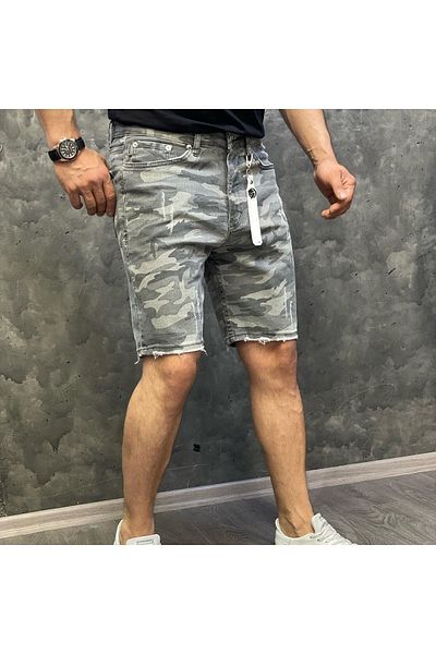 Oliggopol Ανδρικό τζιν σορτς Κάπρι σε γκρι καμουφλάζ Lycra Model Slim Fit