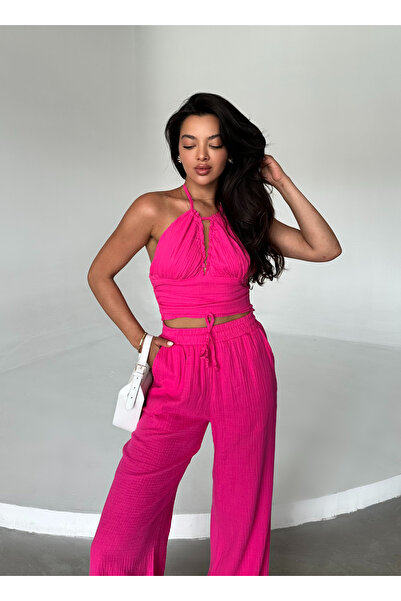 Laluvia Muslin Fuchsia Crop Pants Set