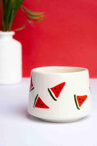 touchmughm Handmade Ceramic Cylinder Watermelon Coffee Cup, Ceramic Double Mug, Watermelon Classic, Ceramic Watermelon