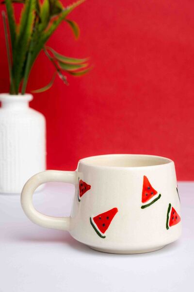 touchmughm Handmade Ceramic Cylinder Watermelon Coffee Cup, Ceramic Double Mug, Watermelon Classic, Ceramic Watermelon