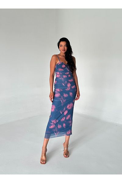 Laluvia Rochie din tul bleumarin - Bretele subțiri și model Tie-Dye