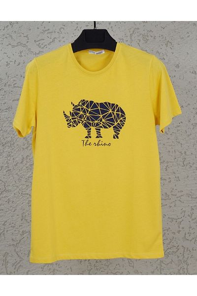 DYNAMO Men's Yellow T-Shirt - Crew Neck, Rhino Print, Cotton Single Jersey and Lycra