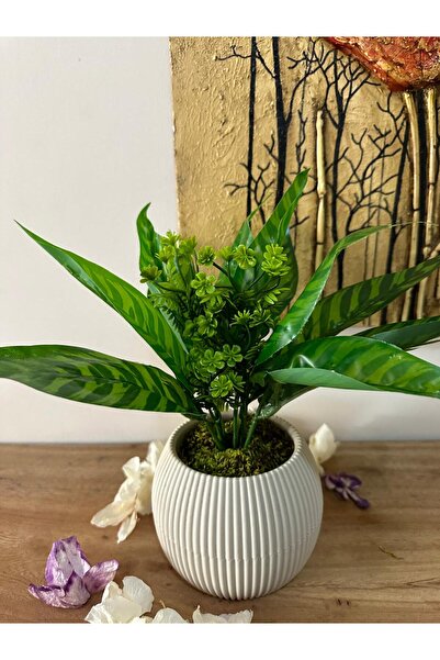 La bella bazar Saksılı Yapay Çiçek Dekoratif Masa Balkon Çiçeği Doğal Taş Yosunlu Masa Üstü Dekorasyon