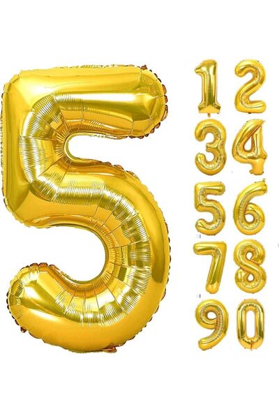PARTİ AŞKI Gold Renkli Rakam Folyo Balon 80 Cm & 32 Inç Doğum Günü 5 Yaş Raka...