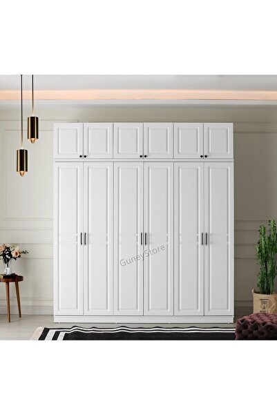 GuneyStore Ücretsiz Montaj Sport Komple Mdf 6 Kapaklı Yüklüklü Beyaz Gardırop