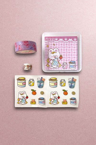 Marseliko Cute Bunny Pink Post-it, αυτοκόλλητο, σετ με μικρό κουτί Washi Tape / Washi Tape / Bullet Journal