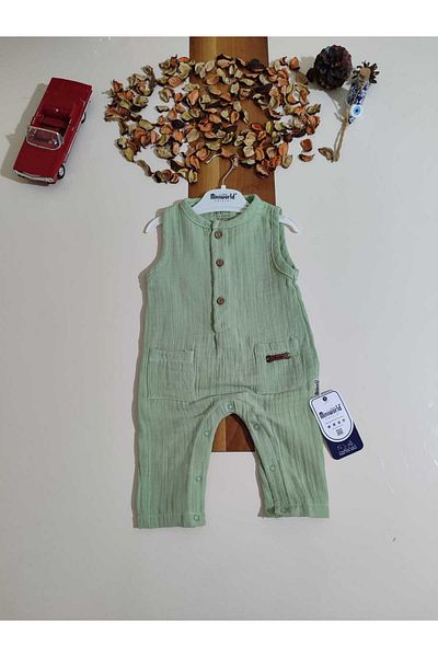 Miniworld BottoM Cut Muslin JuMpsuit for Baby Boy - Fence and Thick Straps