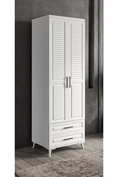 GuneyStore Ücretsiz Montaj Komple Mdf Sanat 2 Kapaklı Çekmeceli Beyaz Gardırop