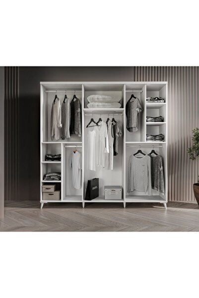 GuneyStore Ücretsiz Montaj Komple MDF Paris 6 Kapaklı Beyaz Aynalı Gardırop Elbise Dolabı Gardolap