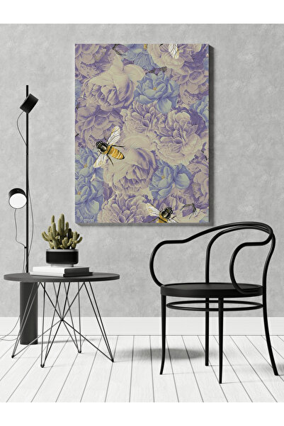 RUGSMODERN Kanvas Tablo Mor Mavi Tema Arı ve Çiçek Desen