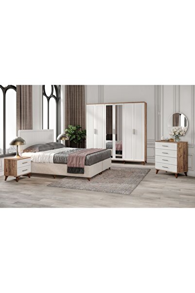 GuneyStore Komple Mdf Paris 6 Kapaklı Atlantik Çam-beyaz Yatak Odası Takımı (bazalı)