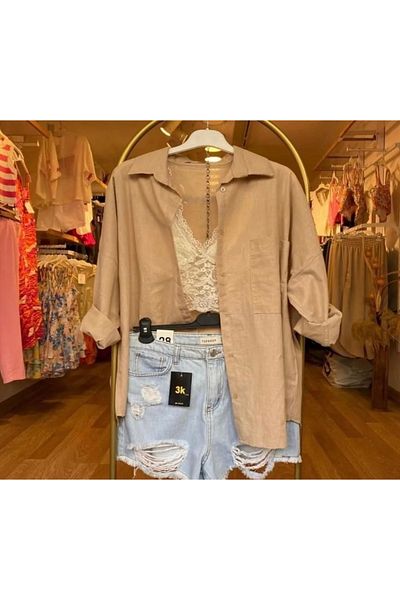 La Perla Boutique Cămașă de in pentru femei oversize cu o singură buzunar