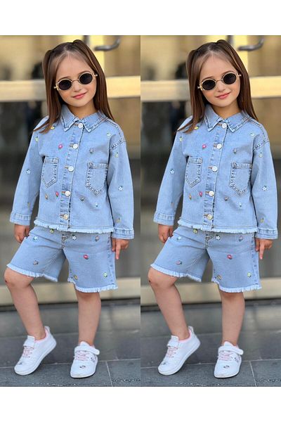 yns coolstar New Season Summer Lycra - Cotton Flower Embroidered Denim Shorts and Jacket 2-Piece Set