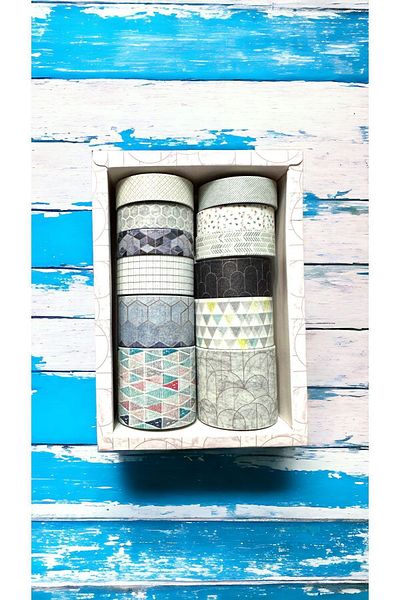 Marseliko Geometric Patterned Washi Tape Set - 12 Patterns Washi Tape - Tape Sticker - Notebook Decoration