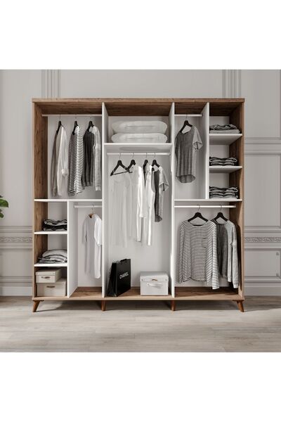 GuneyStore Ücretsiz Montaj Komple Mdf Paris 6 Kapaklı Atlantik-Çam-Beyaz Aynalı Gardırop Gardolap