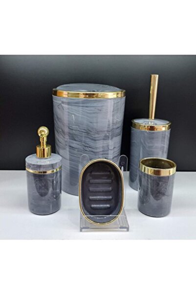 GuvenliPazar 5 Parça Akrilik Yuvarlak Banyo Seti Antrasit Gri Mermer Gold Kro...