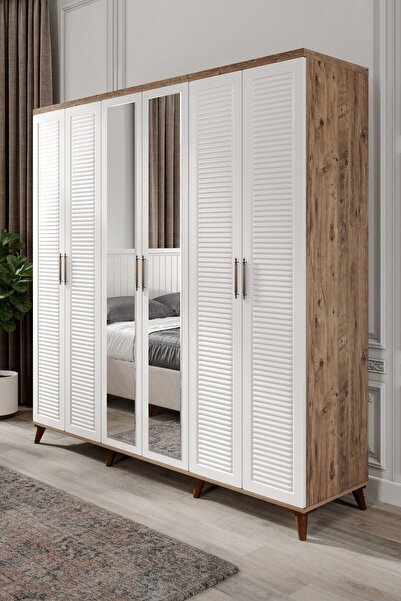 GuneyStore Ücretsiz Montaj Komple Mdf Paris 6 Kapaklı Atlantik-Çam-Beyaz Aynalı Gardırop Gardolap