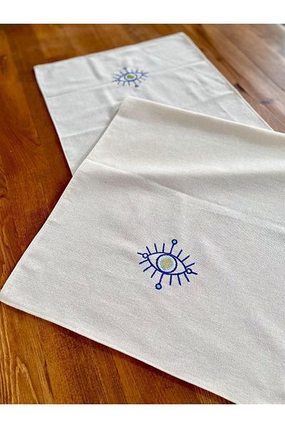 Soft Colours Authentic Eye Evil Eye Embroidered Organic Raw Linen Runner 100% Cotton 40X140 cm