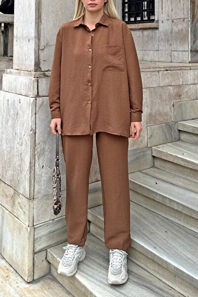 Swist Brown Elastic Leg Single Pocket Shirt-Pants Bottom-Top Women's Set