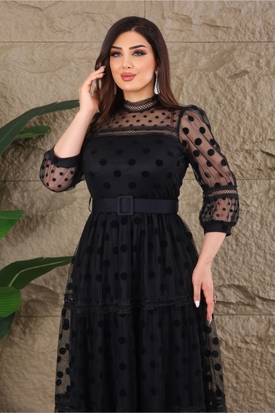 Matik Abiyem Φόρεμα σχεδιαστή πουά με ζώνη από τούλι