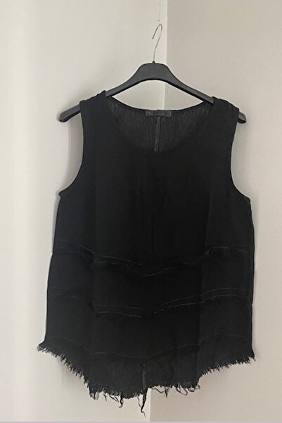 AYASOFYA OTANTIK Γυναικεία Μαύρη Αμάνικη Λινή Μπλούζα με Φούντες