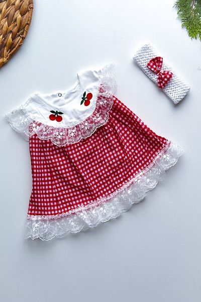 Fenomen Kids Baby Girl Red Gingham Cherry Detailed Lace Headband Summer Dress