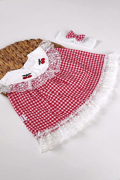 BYMURAT BABY Baby Girl Gingham Dress with Cherry Headband and Summer Dress