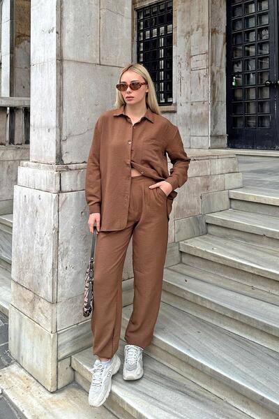 Swist Brown Elastic Leg Single Pocket Shirt-Pants Bottom-Top Women's Set