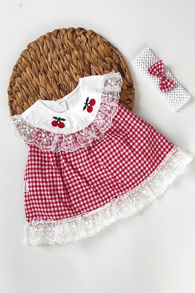 BYMURAT BABY Baby Girl Gingham Dress with Cherry Headband and Summer Dress