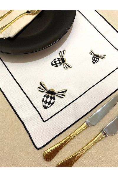Soft Colours 2 Pieces Mackenzie Childs Bee Patterned Silk Linen Decorative Embroidered Doily Set