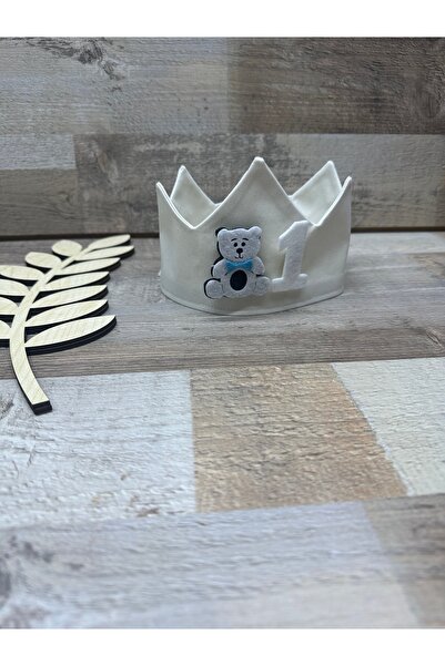 Feriatolye El yapımı Krem 1 yaş doğum günü tacı beyaz ayıcık figürlü