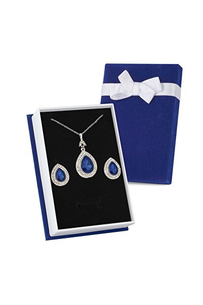 Forentina Gümüş Kaplama Lacivert Taşlı Kolye Küpe Lacivert Kadife Kutuda Hedi...