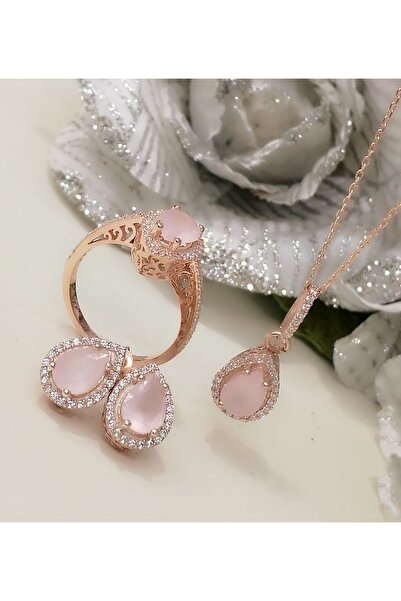 Siset Gümüş 925 Ayar Rose Kaplama Damla Pembe Kuvars Taşlı Gümüş Üçlü Set