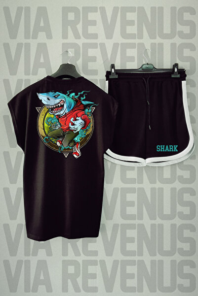 Vordevia Tricou sport negru cu mâneci zero cu decolteu și set de pantaloni sc...