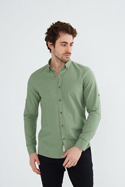 RAVANELLI Ανδρικό πουκάμισο με λινό γιακά με λεπτή εφαρμογή χακί, 100% βαμβακερό πουκάμισο