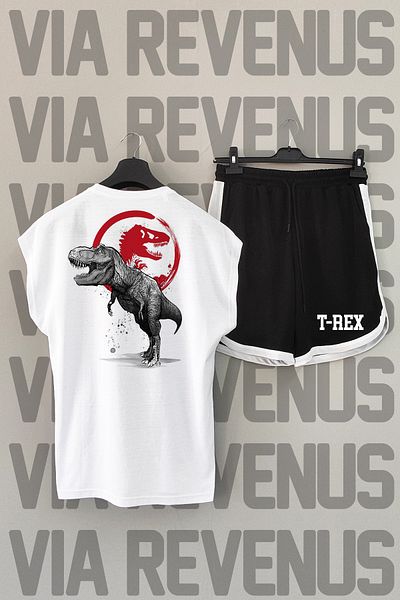 Vordevia T-REX Crew Neck Λευκό και Μαύρο Αθλητικό Σετ - Μηδενικό μανίκι, στάμπα στην πλάτη
