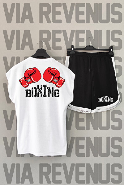 Vordevia تيشيرت رياضي أبيض برقبة دائرية وأكمام مطبوعة على الظهر ومجموعة شورت رياضي أسود