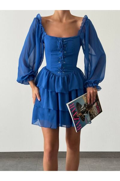 sewing story Saks Mavi Şifon Mini Elbise