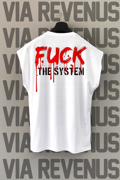 Vordevia Tricou sport alb cu mâneci zero cu imprimeu F*ck The System