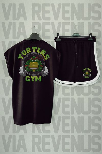 Vordevia Turtles Gym Black Sports T-shirt and Shorts Set - Crew Neck, Zero Sleeve