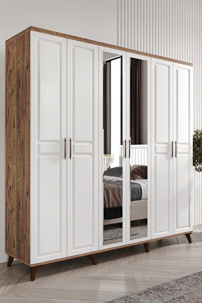 GuneyStore Ücretsiz Montaj Komple MDF Sport 6 Kapaklı Atlantik Çam-beyaz Aynalı Gardırop Elbise Dolabı